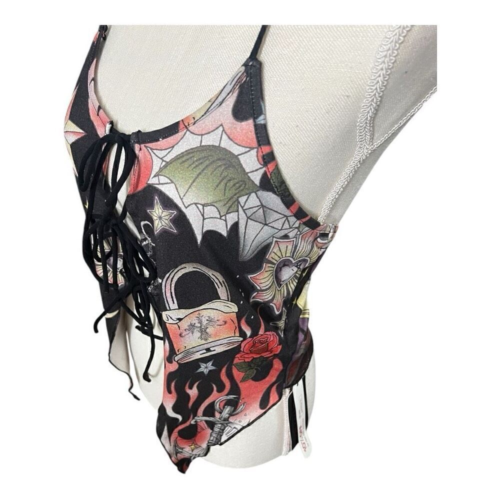 Romwe Black Multicolor Moon Floral Print Halter Top Size L Lace Up Open Back - Picture 5 of 10